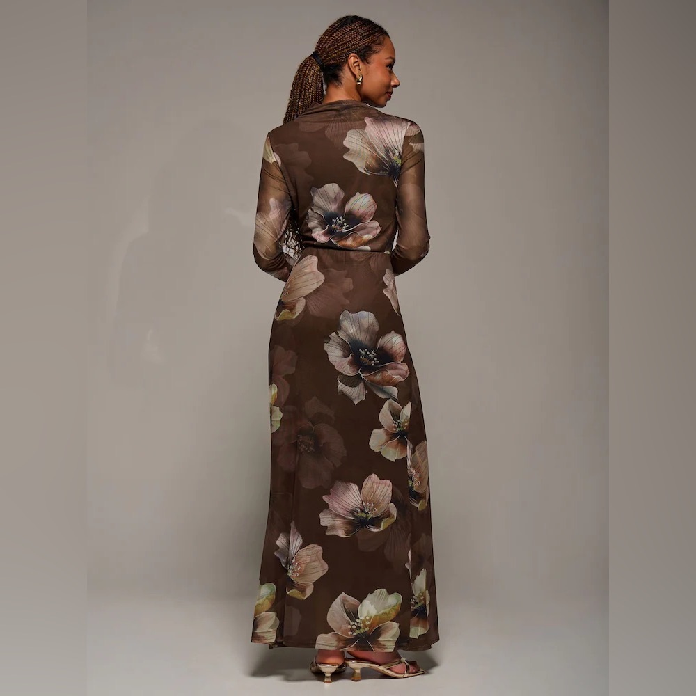 Jolie Moi Brown High Neck Long Sleeve Mesh Maxi Dress - Picture 6 of 9